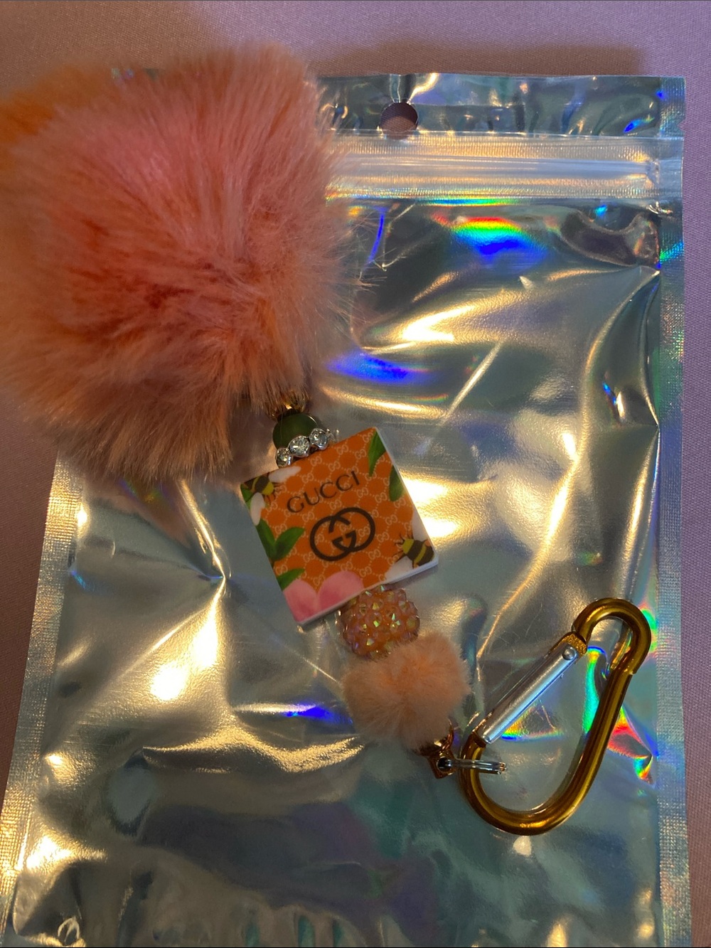 Source Unknown orange  Faux Fur Pom Pom Keychain with Gold Clip